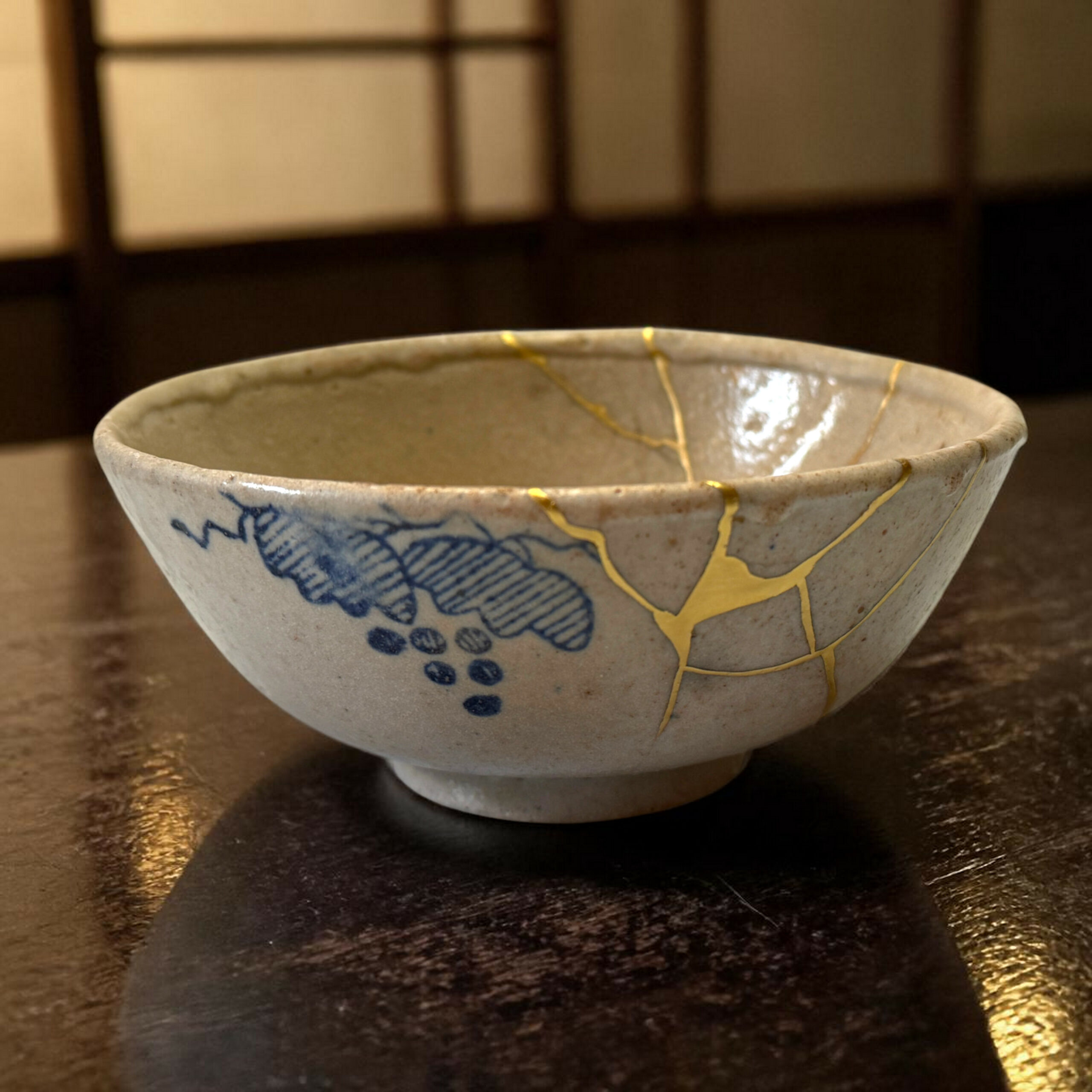 IMG_1576-Photoroom | Kintsugi by Myriam GREFF Ceramic bowl with blue floral pattern and gold kintsugi seams on a dark wooden surface.