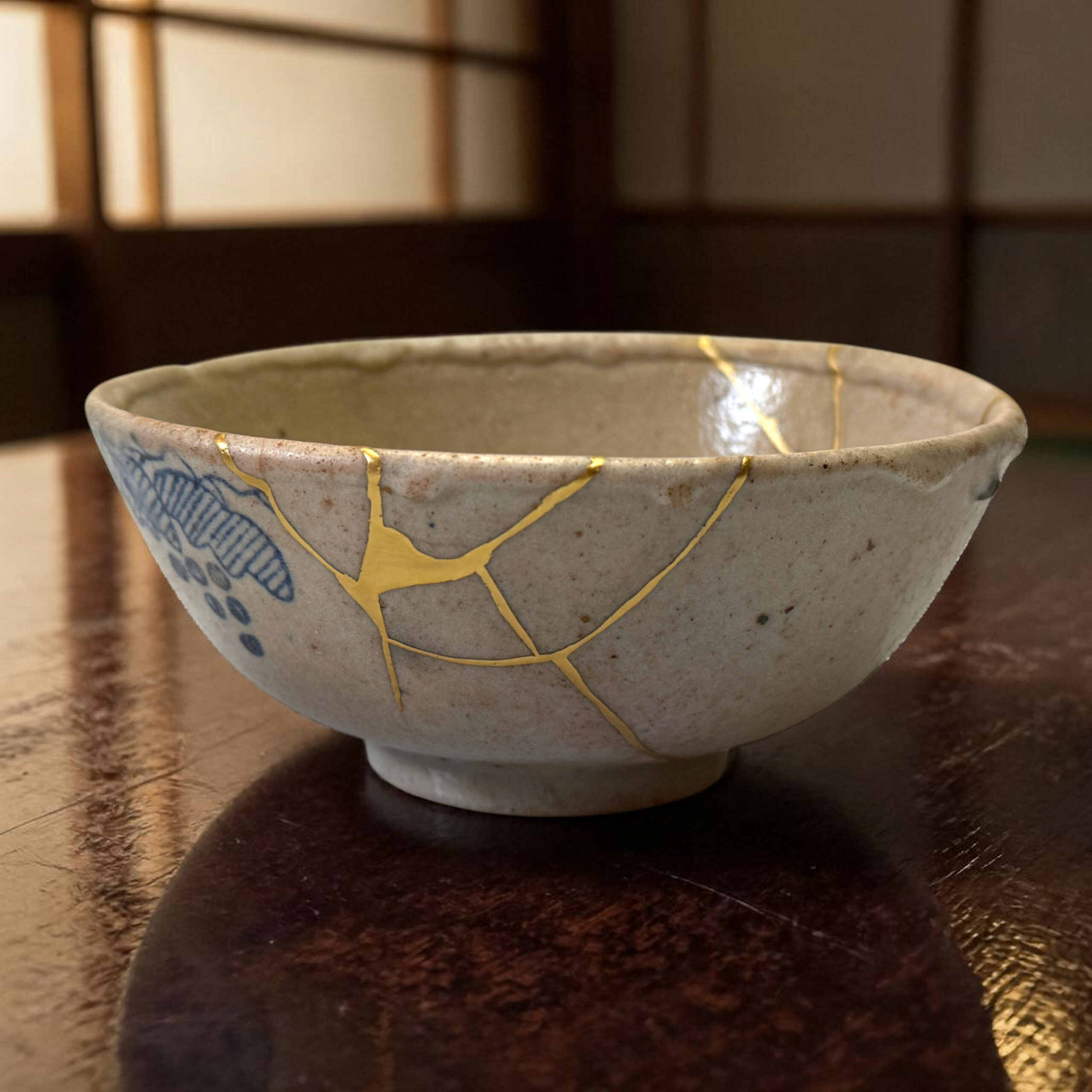 IMG_1577-Photoroom | Kintsugi by Myriam GREFF Close-up of a ceramic bowl with gold kintsugi cracks on a dark wooden table.