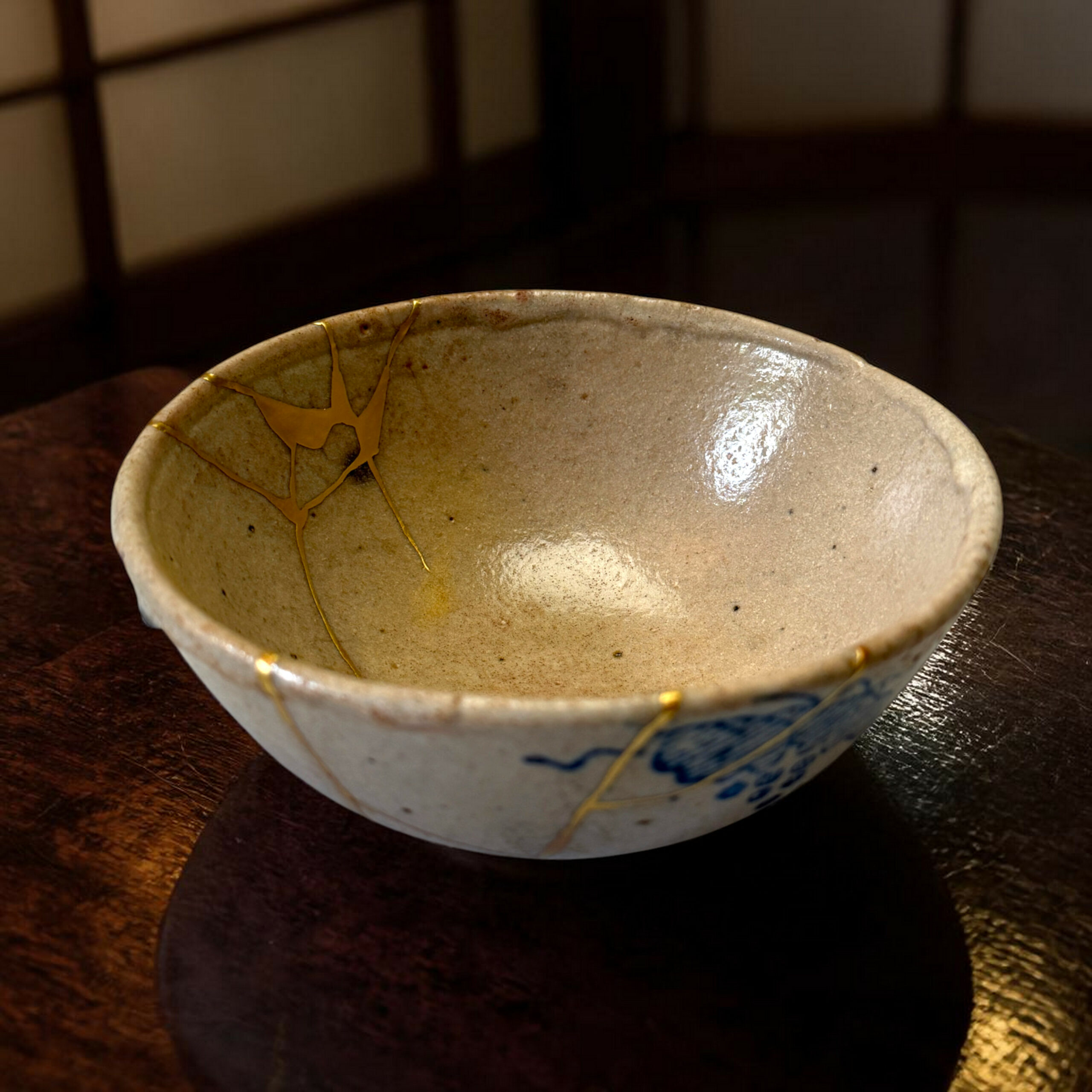 IMG_1578-Photoroom | Kintsugi by Myriam GREFF Close-up of a light ceramic bowl with gold kintsugi repairs on a dark wooden table