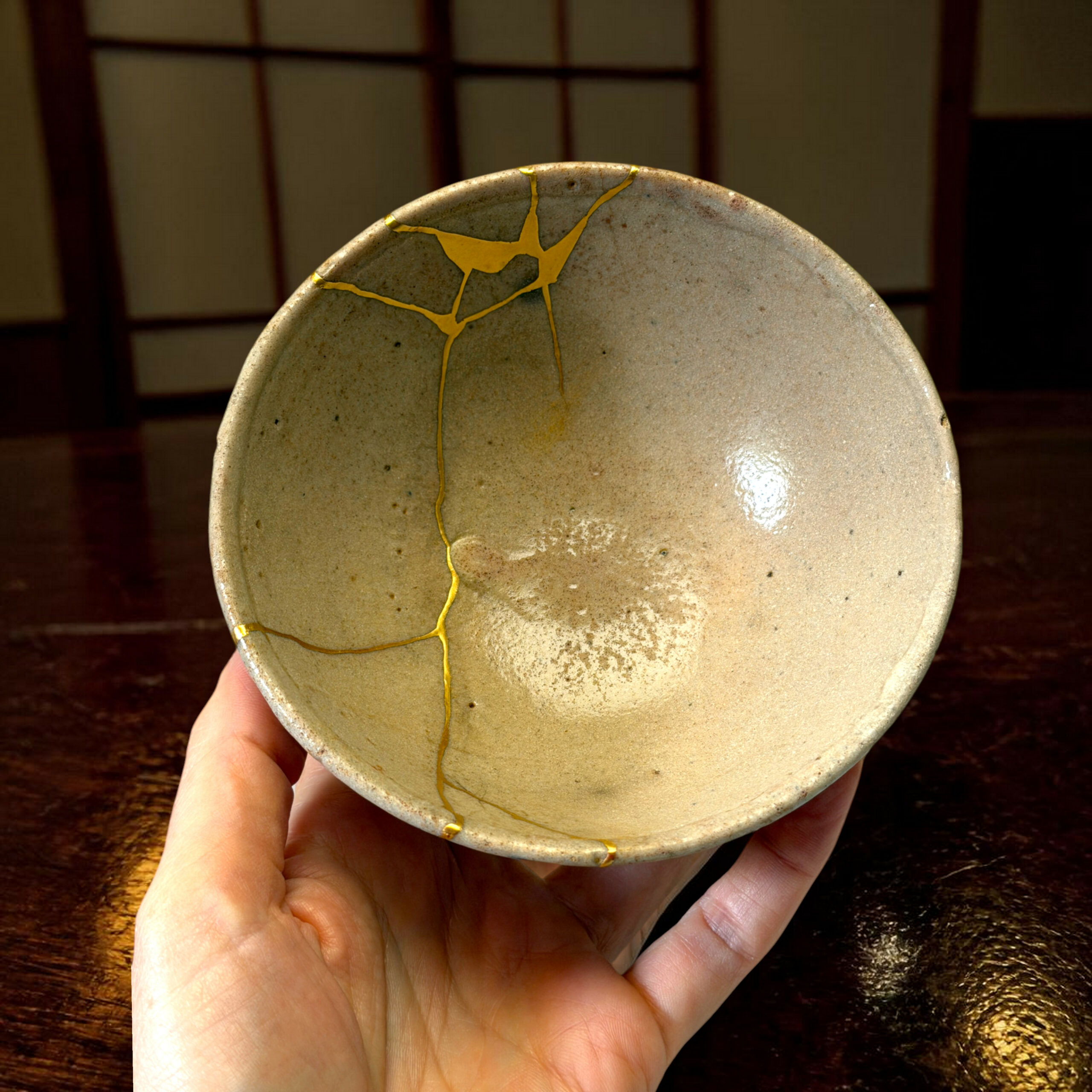 IMG_1581-Photoroom | Kintsugi by Myriam GREFF Close-up of a beige ceramic bowl repaired with gold lacquer (kintsugi) held in a person's hands over a dark wooden surface, highlighting the crack lines and texture.