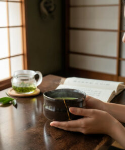 Person cradling a dark ceramic tea bowl at a wooden table, with an open book and a glass teapot in the background.