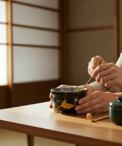 Person whisking matcha in a dark ceramic bowl on a wooden table, with a green teapot nearby in a sunlit room