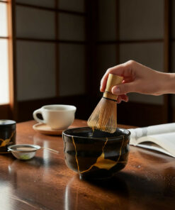 Hand holding a bamboo tea whisk over a black ceramic bowl with gold design on a wooden table, a white cup and open book nearby.
