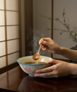 Hands holding a steaming bowl of soup with a wooden spoon in a ceramic bowl on a wooden table, in a Japanese-style room with shoji doors.