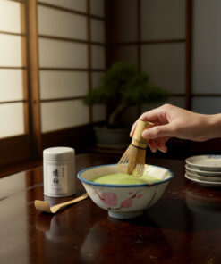 Hand whisking matcha in a ceramic bowl with a bamboo chasen on a wooden table.