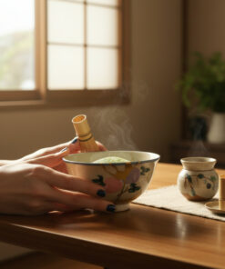 Hands hold a bamboo whisk over a steaming ceramic bowl of matcha on a wooden table by a sunlit window.