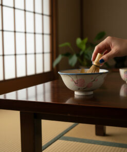 Hand whisking matcha in a decorative ceramic bowl on a wooden table in a traditional Japanese room