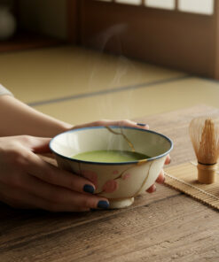 Person gently holds a steaming bowl of matcha tea at a wooden table, with a bamboo whisk nearby for traditional preparation.