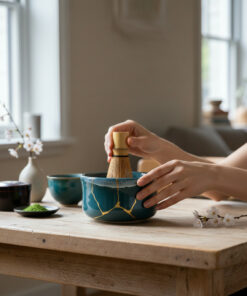Hands whisking matcha in a teal ceramic bowl with a bamboo chasen on a wooden table, sunlit kitchen setting.