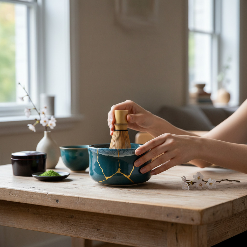 IMG_1675 Mise en scène du produit-Photoroom | Kintsugi by Myriam GREFF Hands whisking matcha in a teal ceramic bowl with a bamboo chasen on a wooden table, sunlit kitchen setting.