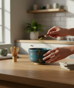 Hands sprinkling green matcha powder into a blue ceramic bowl on a wooden kitchen counter, with a whisk and cups nearby.