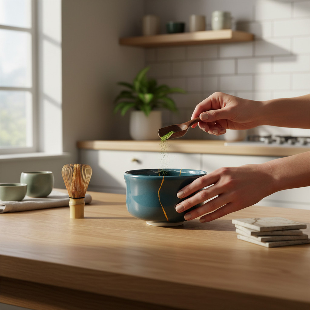 IMG_1677 Mise en scène du produit-Photoroom | Kintsugi by Myriam GREFF Hands sprinkling green matcha powder into a blue ceramic bowl on a wooden kitchen counter, with a whisk and cups nearby.