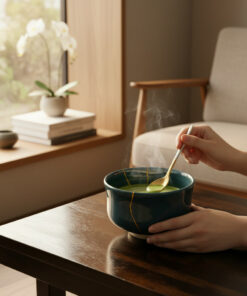 Person stirring a steaming green soup in a blue bowl with a spoon at a wooden table by a sunlit window