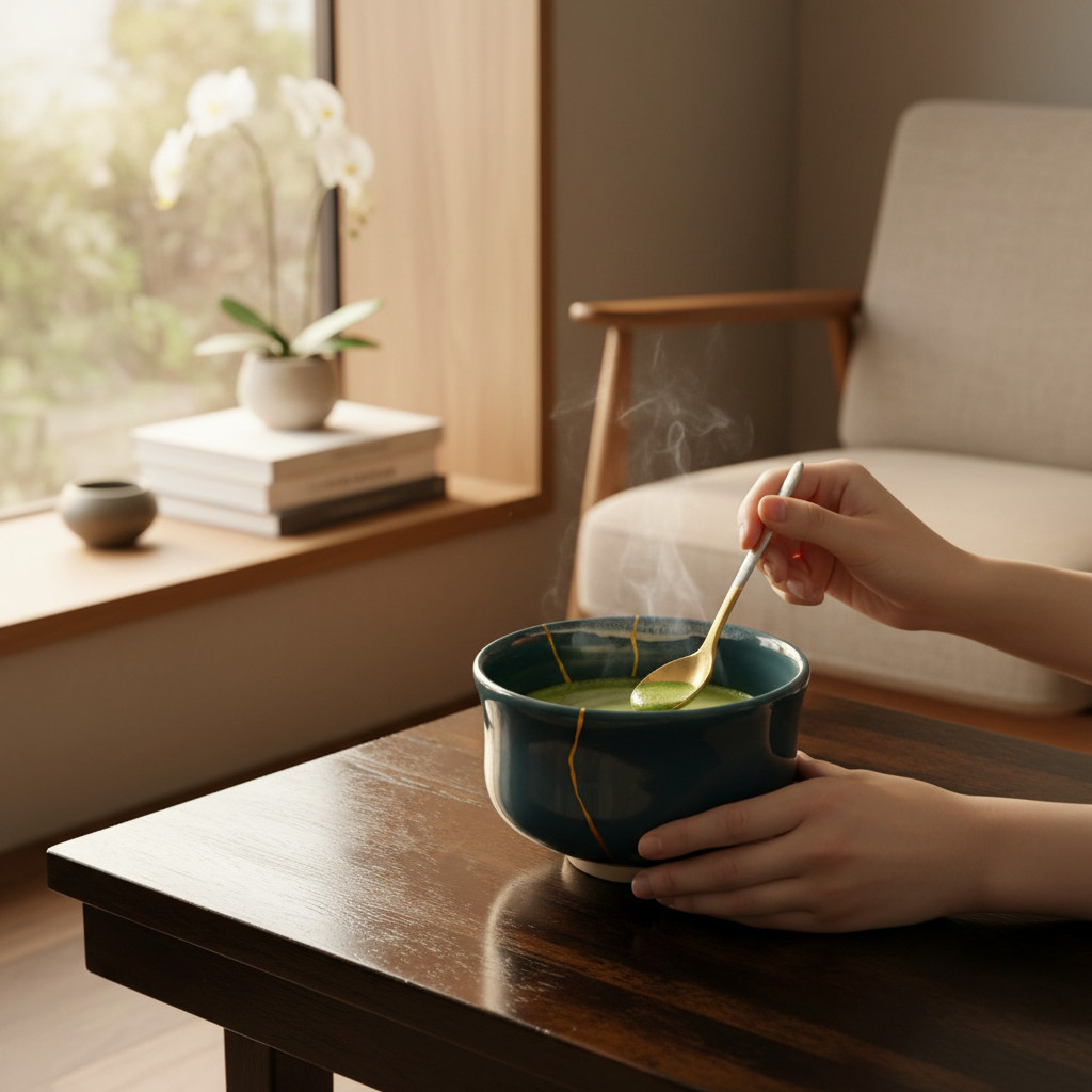 IMG_1678 Mise en scène du produit-Photoroom | Kintsugi by Myriam GREFF Person stirring a steaming green soup in a blue bowl with a spoon at a wooden table by a sunlit window
