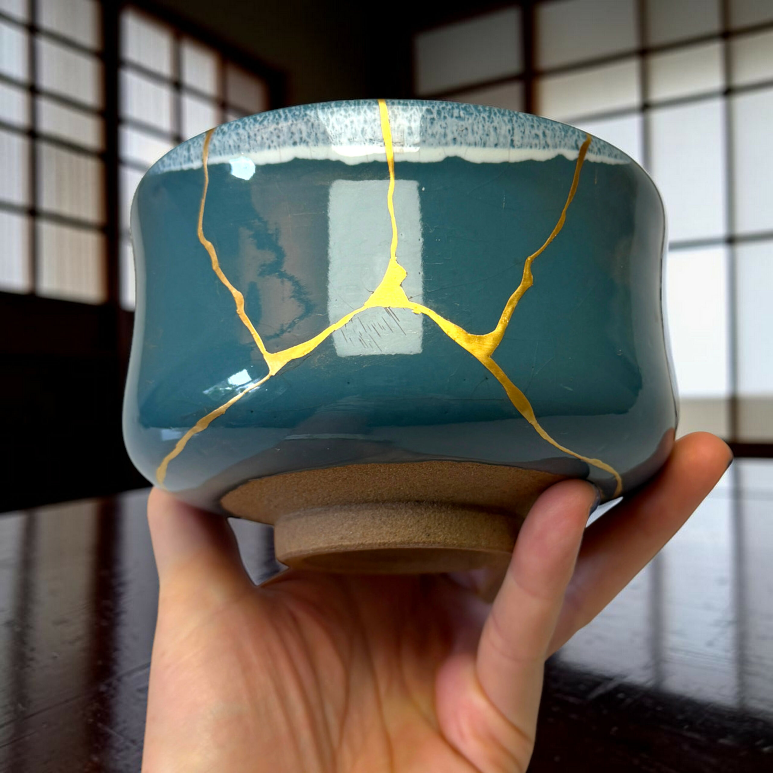 IMG_1679-Photoroom | Kintsugi by Myriam GREFF Close-up of a teal ceramic mug with yellow crackle lines being held by a hand over a dark wooden table.