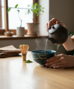 Person pours hot liquid from a dark kettle into a blue ceramic bowl on a wooden table; steaming tea, a bamboo whisk, and green powder nearby.