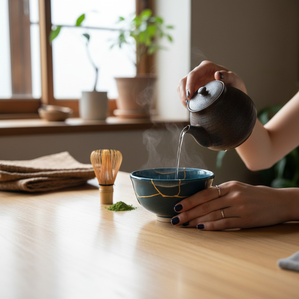 IMG_1680 Mise en scène du produit-Photoroom | Kintsugi by Myriam GREFF Person pours hot liquid from a dark kettle into a blue ceramic bowl on a wooden table; steaming tea, a bamboo whisk, and green powder nearby.