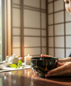 Close-up of hands holding a black ceramic bowl with gold crackle glaze on a wooden table, with a candle and tea set in the background.