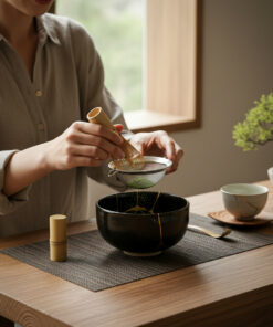 Person whisking matcha powder with a bamboo whisk over a black ceramic bowl on a wooden table.