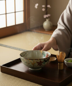 Person in a kimono reaches toward a decorative ceramic teacup on a dark wooden tray, with a bamboo chasen whisk and small white bowl of matcha on a tatami mat.