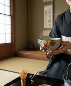 Person in a black kimono holds a decorated ceramic tea bowl in a traditional Japanese tea room with tatami mats and a shoji window behind.