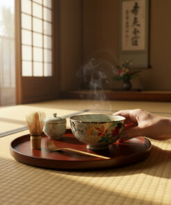 Steam rises from a decorative ceramic tea bowl on a round wooden tray, with a bamboo whisk and small teapot nearby as a hand holds the cup in a sunlit tatami-room setting.