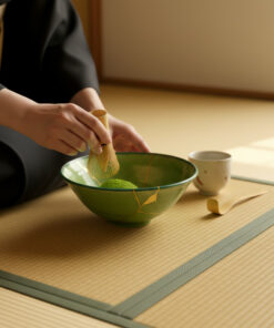 Person in a kimono whisking matcha in a green ceramic bowl on a tatami mat.