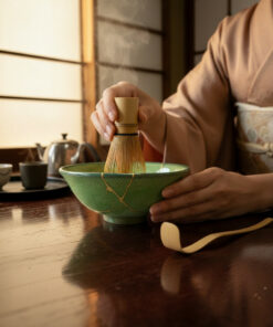 Person in a kimono whisking matcha with a bamboo chasen over a green ceramic bowl during a Japanese tea ceremony.