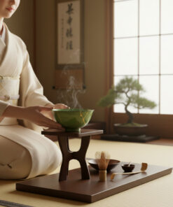 Person in a traditional kimono performing a Japanese tea ceremony, presenting a steaming green tea bowl on a wooden stand