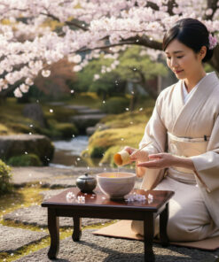 Woman in a beige kimono kneels in a Japanese garden, pouring tea into a bowl on a low table beneath cherry blossoms.