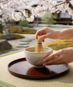 Hands whisking matcha in a ceramic bowl on a dark wooden tray, with cherry blossoms and a serene garden in the background.