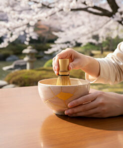 Person whisking matcha with a bamboo whisk in a ceramic bowl on a wooden table, cherry blossoms in the background.