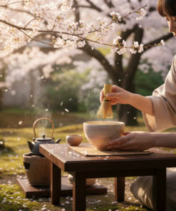 Person in a kimono whisking matcha in a ceramic bowl outdoors under cherry blossoms.