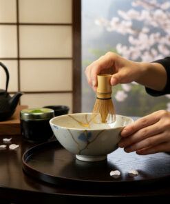 Person uses a bamboo whisk to mix matcha in a ceramic bowl during a tea ceremony, with a kettle and cherry blossoms in the background.
