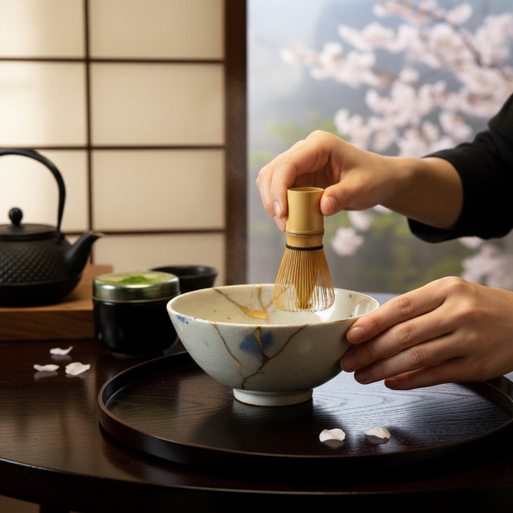 IMG_1711 Mise en scène du produit-Photoroom | Kintsugi by Myriam GREFF Person uses a bamboo whisk to mix matcha in a ceramic bowl during a tea ceremony, with a kettle and cherry blossoms in the background.