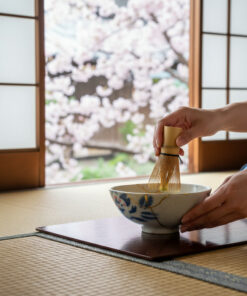 Person whisking matcha with a bamboo chasen over a ceramic bowl in a tatami room, cherry blossoms visible outside.