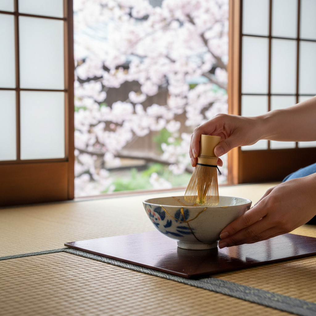 IMG_1712 Mise en scène du produit-Photoroom | Kintsugi by Myriam GREFF Person whisking matcha with a bamboo chasen over a ceramic bowl in a tatami room, cherry blossoms visible outside.