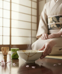 Person in a beige kimono performing a tea ceremony with a steaming ceramic bowl, a bamboo whisk, and a green tea canister on a wooden floor with cherry blossoms.