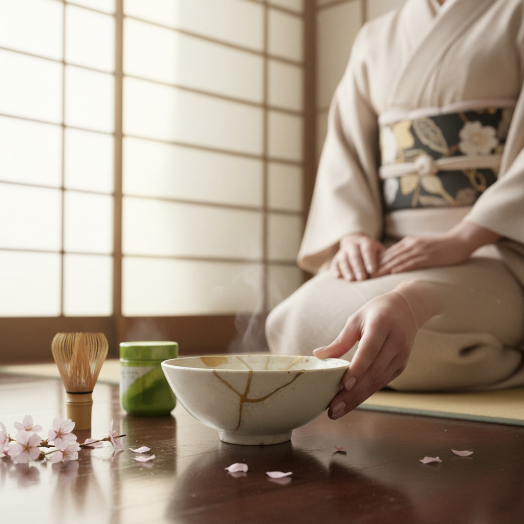 IMG_1713 Mise en scène du produit-Photoroom | Kintsugi by Myriam GREFF Person in a beige kimono performing a tea ceremony with a steaming ceramic bowl, a bamboo whisk, and a green tea canister on a wooden floor with cherry blossoms.