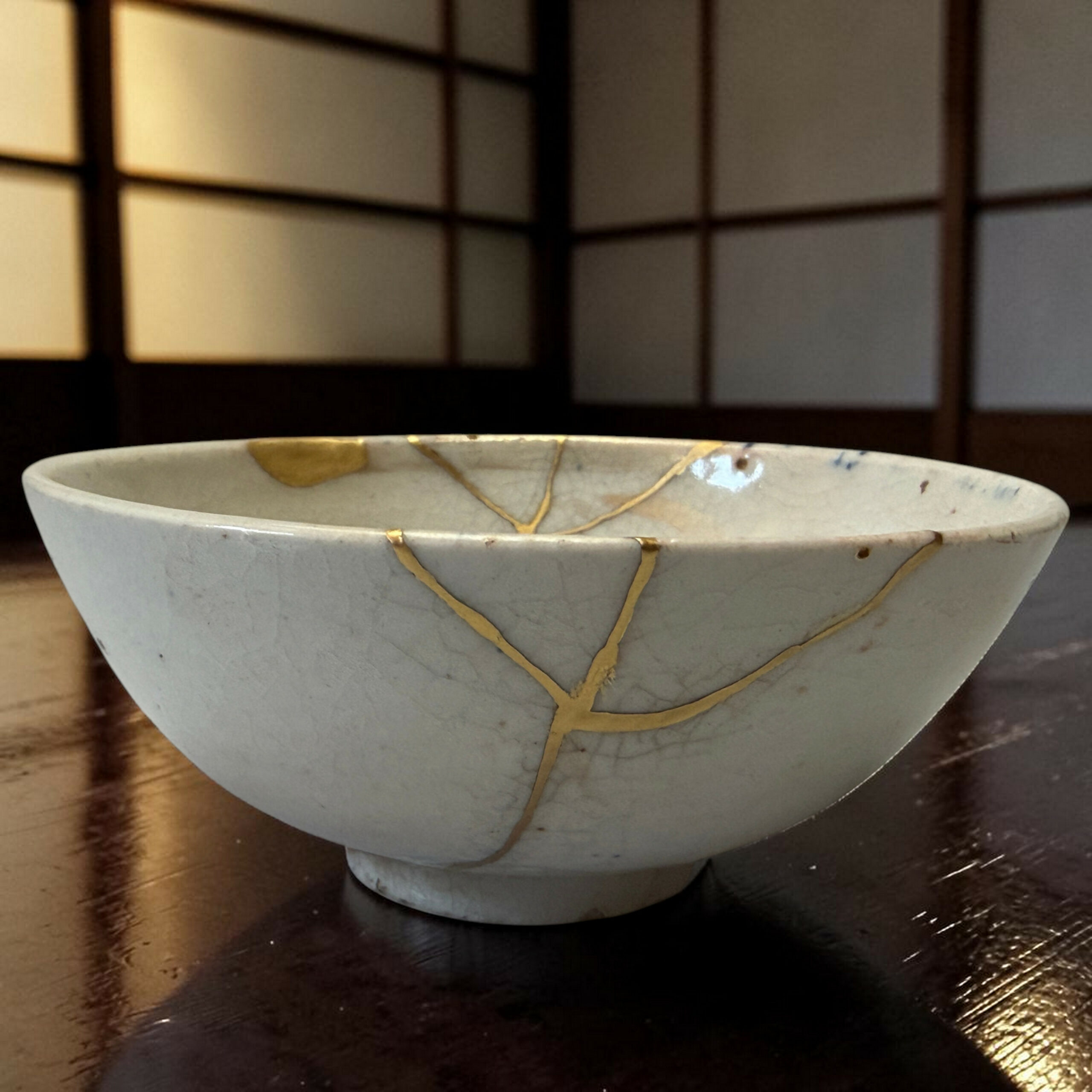 IMG_1713-Photoroom | Kintsugi by Myriam GREFF White ceramic bowl repaired with gold seams (kintsugi) on a dark wooden table. The edge of another bowl is faintly visible behind it.