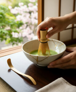Hands whisking bright green matcha in a ceramic bowl with a bamboo whisk on a dark wooden table by a window.