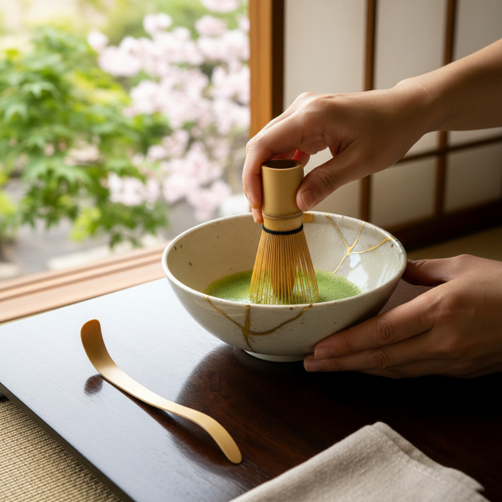 IMG_1714 Mise en scène du produit-Photoroom | Kintsugi by Myriam GREFF Hands whisking bright green matcha in a ceramic bowl with a bamboo whisk on a dark wooden table by a window.