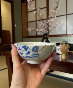 Person holding a blue-and-white ceramic teacup with floral design in a traditional Japanese room with cherry blossoms in the background.