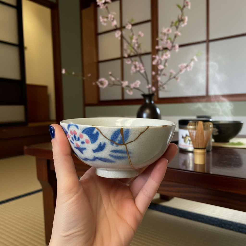 IMG_1715 Mise en scène du produit-Photoroom | Kintsugi by Myriam GREFF Person holding a blue-and-white ceramic teacup with floral design in a traditional Japanese room with cherry blossoms in the background.
