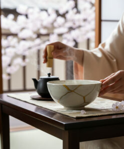 Person in traditional attire, using a bamboo whisk over a ceramic tea bowl during a tea ceremony, with cherry blossoms in the background.