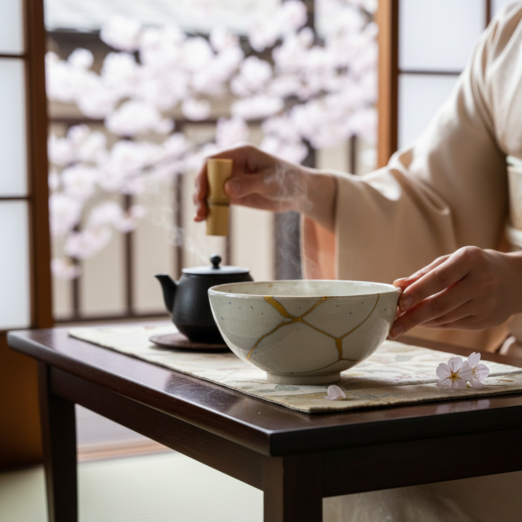IMG_1716 Mise en scène du produit-Photoroom | Kintsugi by Myriam GREFF Person in traditional attire, using a bamboo whisk over a ceramic tea bowl during a tea ceremony, with cherry blossoms in the background.