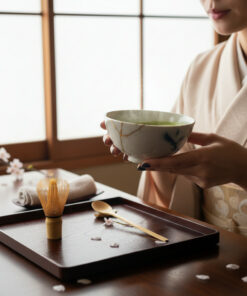 Person in a kimono holds a ceramic tea bowl during a Japanese tea ceremony, with a bamboo whisk and spoon on a dark wooden tray nearby.