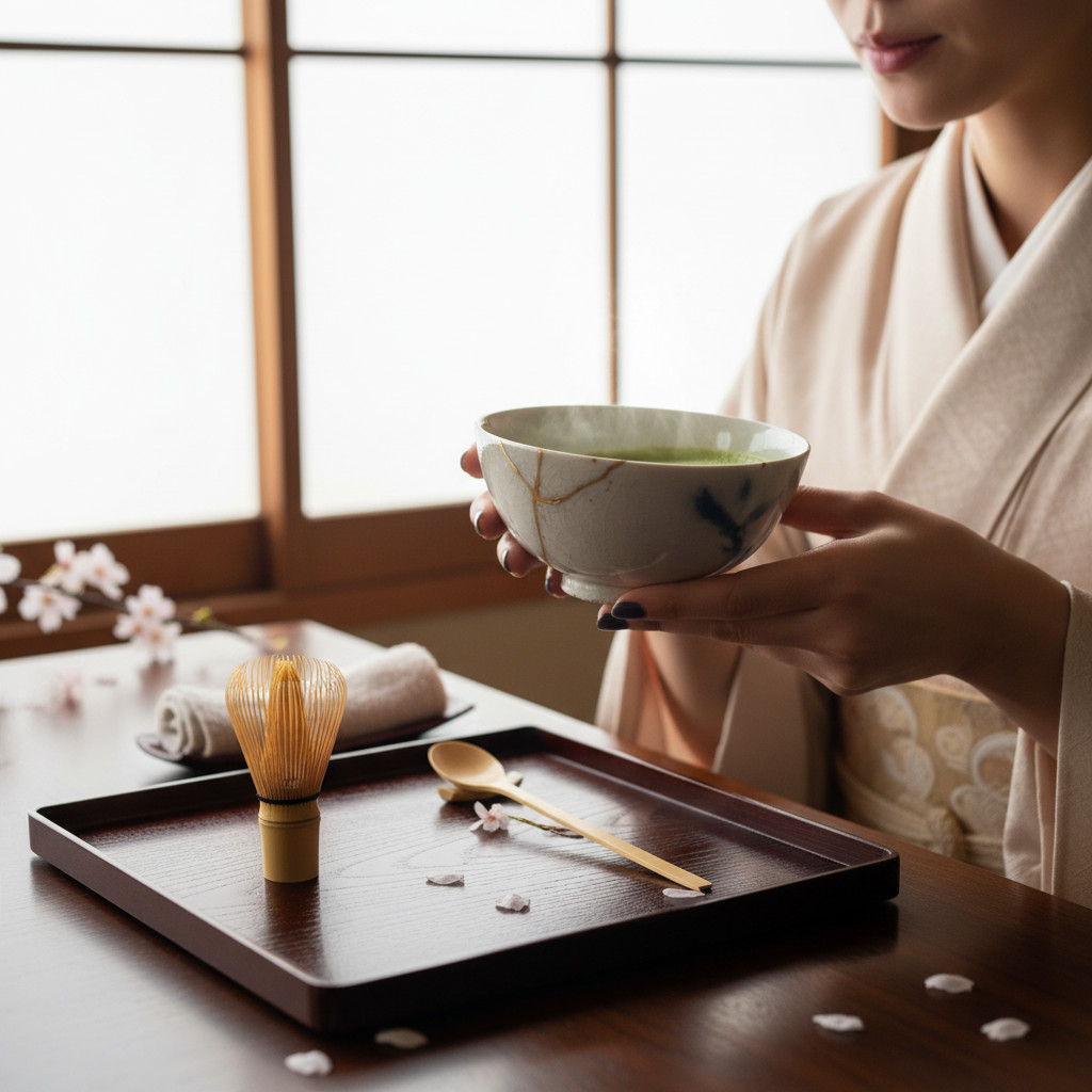 IMG_1717 Mise en scène du produit-Photoroom | Kintsugi by Myriam GREFF Person in a kimono holds a ceramic tea bowl during a Japanese tea ceremony, with a bamboo whisk and spoon on a dark wooden tray nearby.