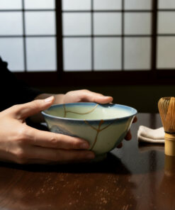 Hands cradle a ceramic bowl on a dark wooden table, with a bamboo whisk and small towel nearby, in front of a shoji screen backdrop.