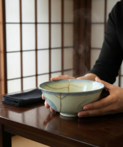 Someone in a black outfit holds a steaming ceramic bowl on a dark wooden table, with a shoji screen in the background.
